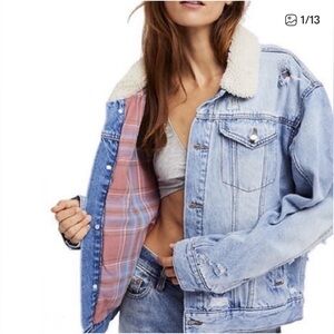 Free People Plaid Lined Denim Sherpa Collar Trucker Oversized Jacket Medium